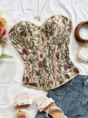 Floral Embroidered Strapless Corset Top - Cream Green Red